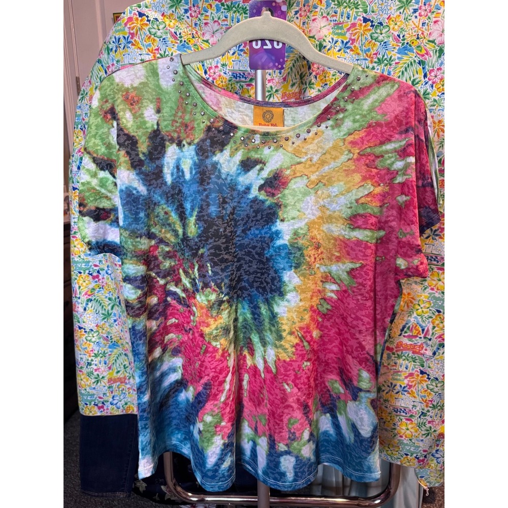 028 Ruby Rd PL Tie Dye Rhinestone Scoop Neck Short Sleeve Shirt Multicolor